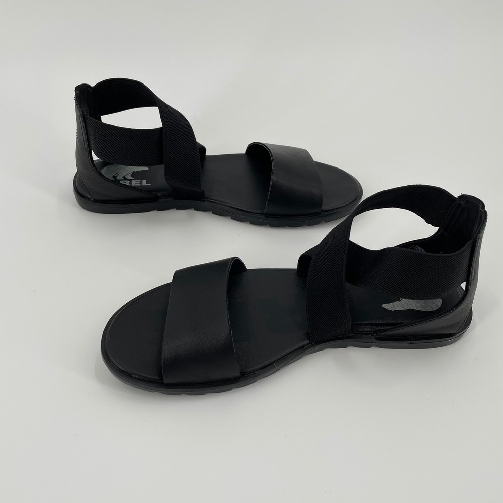 Sorel Ella II Ankle Strap Sandals‎ Black Leather Stretch Chevron Size 7.5 - Picture 3 of 9